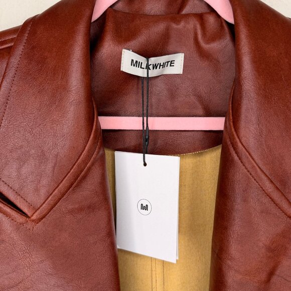 NWT Milk White Faux Leather Oversized Brown Cognac Long Trench Coat Jacket Small - Picture 5 of 15